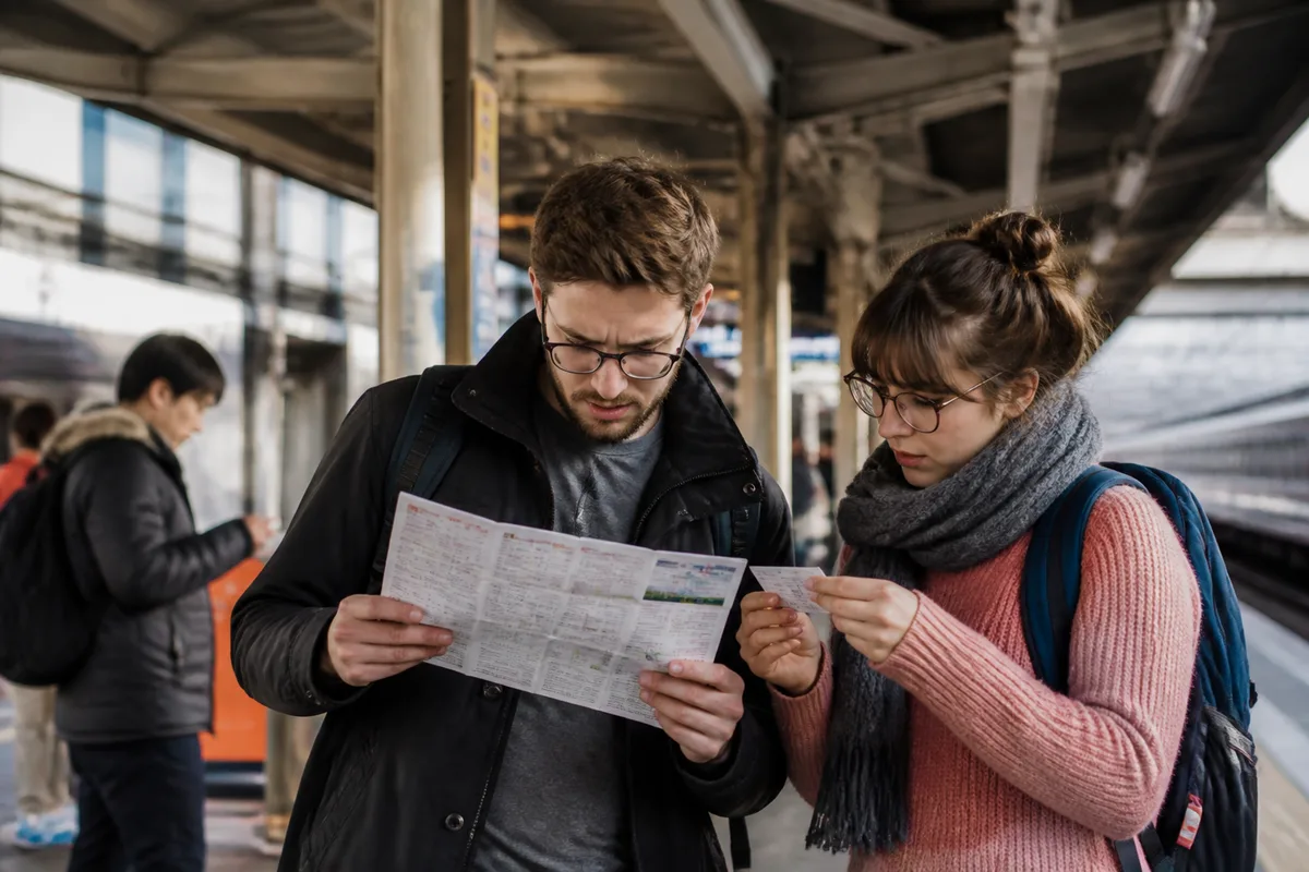 Voyageurs consultant un itinéraire de circuit au Japon dans une gare de Kyoto