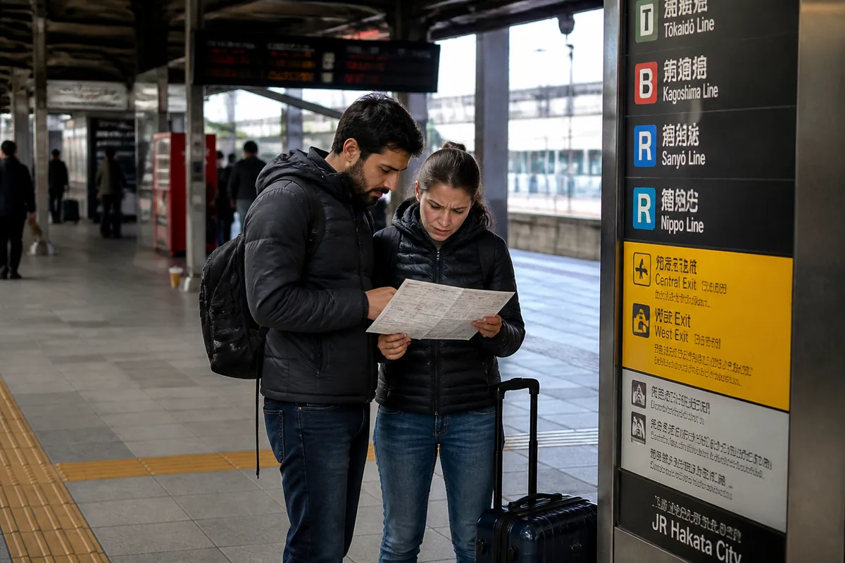 Voyageurs consultant un itinéraire de circuit Japon Kuoni dans une gare japonaise