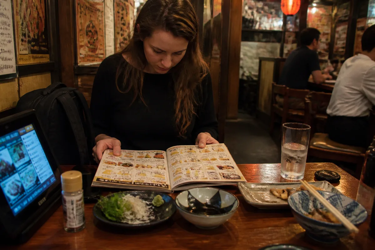 Client consultant un menu illustré dans un izakaya japonais avec petites assiettes à partager