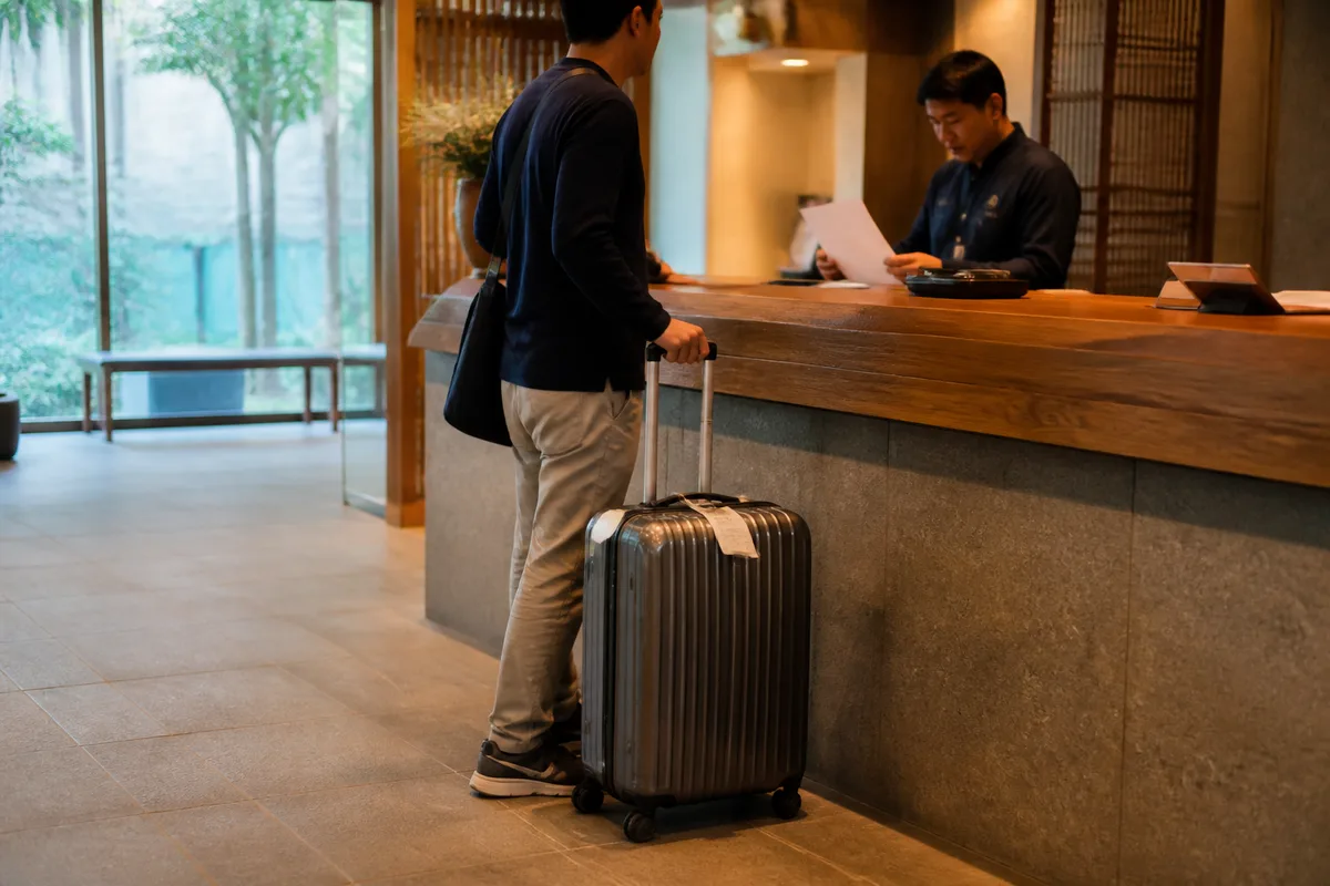 Voyageur déposant une valise étiquetée à la réception d’un hôtel au Japon