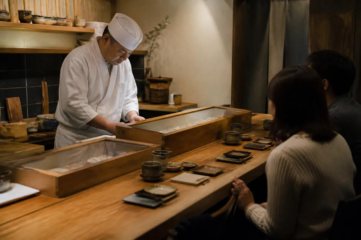 Comptoir de sushi japonais avec quelques places assises dans un restaurant de Tokyo