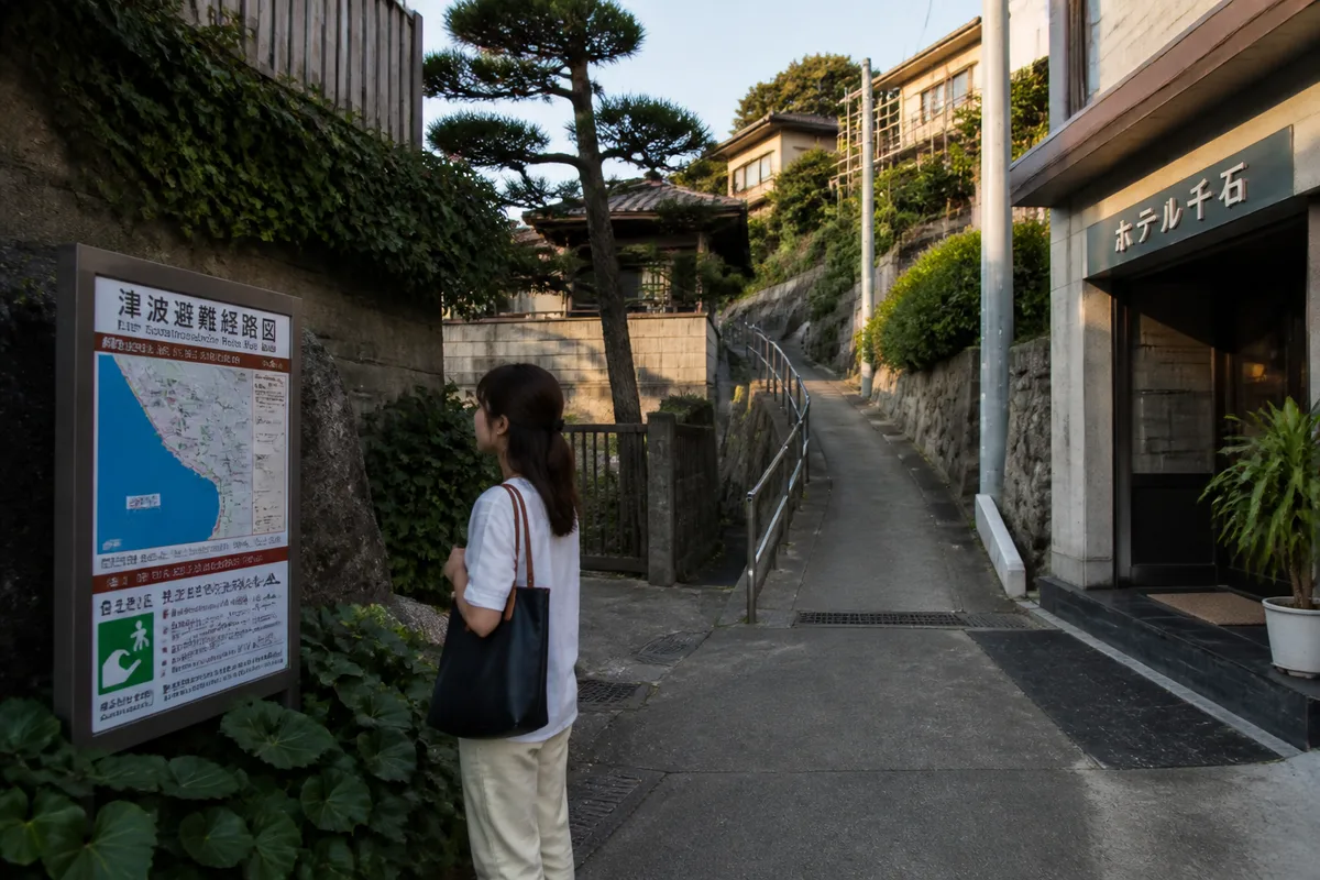 Voyageuse consultant un panneau japonais d’évacuation tsunami près d’un hôtel côtier